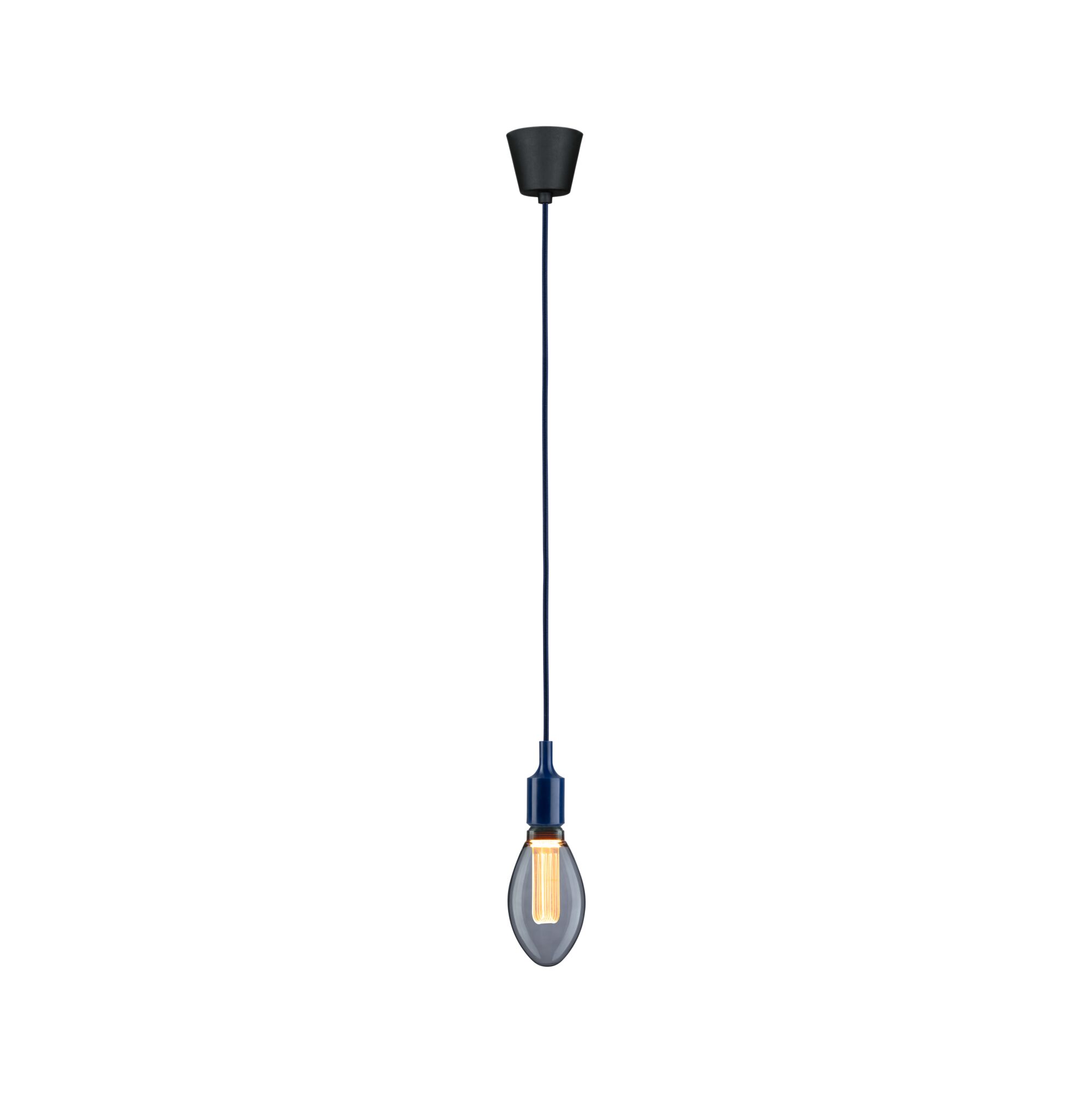 Hängelampe mit blauem Kabel und rauchgrauer Glühbirne aus Glas für moderne Wohnraumbeleuchtung