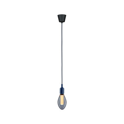 Hängelampe mit blauem Kabel und rauchgrauer Glühbirne aus Glas für moderne Wohnraumbeleuchtung