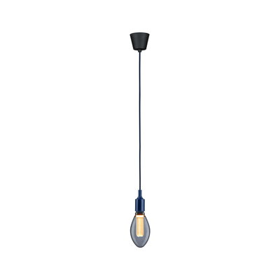 Hängelampe mit blauem Kabel und rauchgrauer Glühbirne aus Glas für moderne Wohnraumbeleuchtung