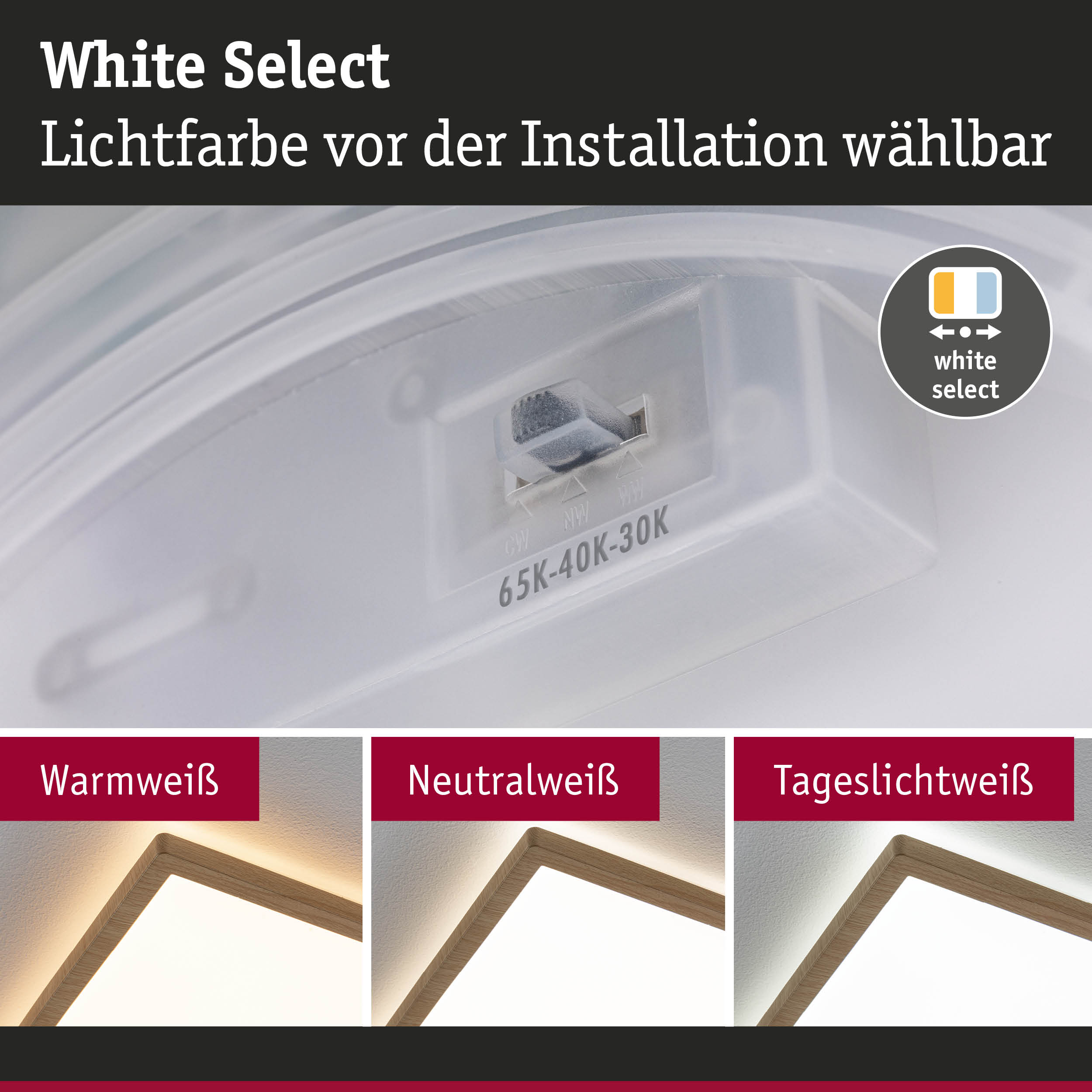 Weißer Lichtfarbenschalter für LED-Leuchten mit wählbaren Warmweiß-, Neutralweiß- und Tageslichtweiß-Tönen
