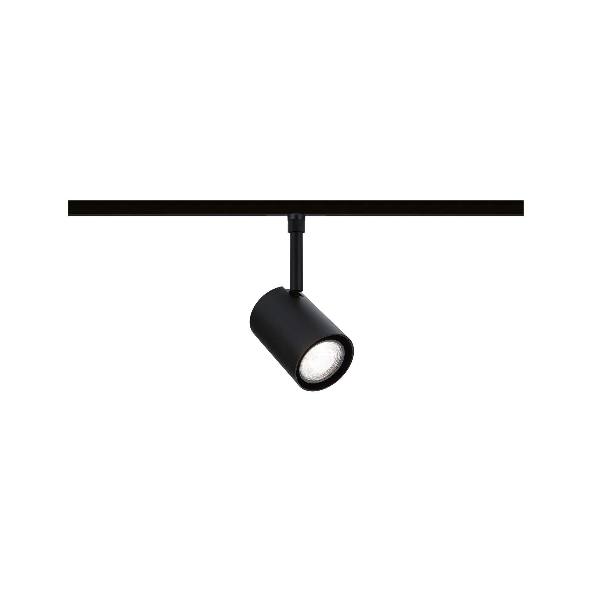 Black metal LED spotlight on track system for flexible room lighting and accent illumination
