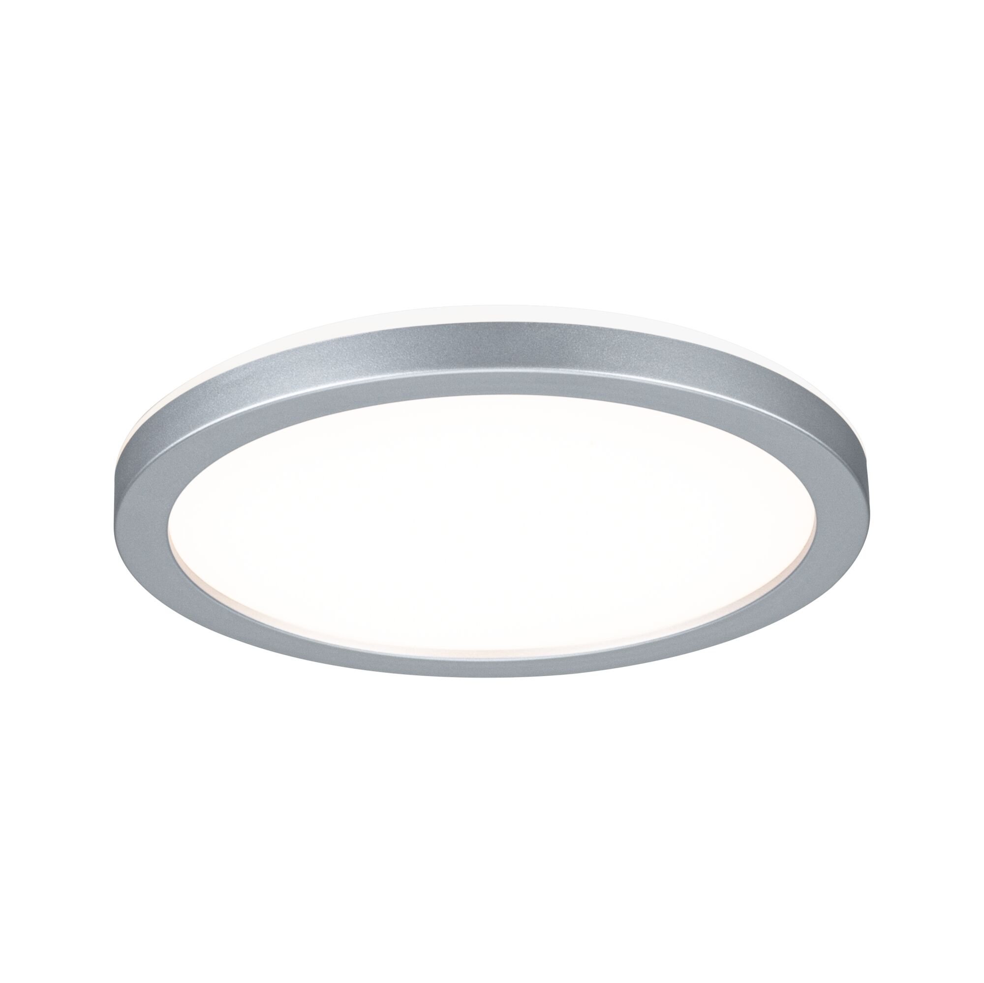 Round LED ceiling light with silver aluminum frame and white diffuser for modern room lighting