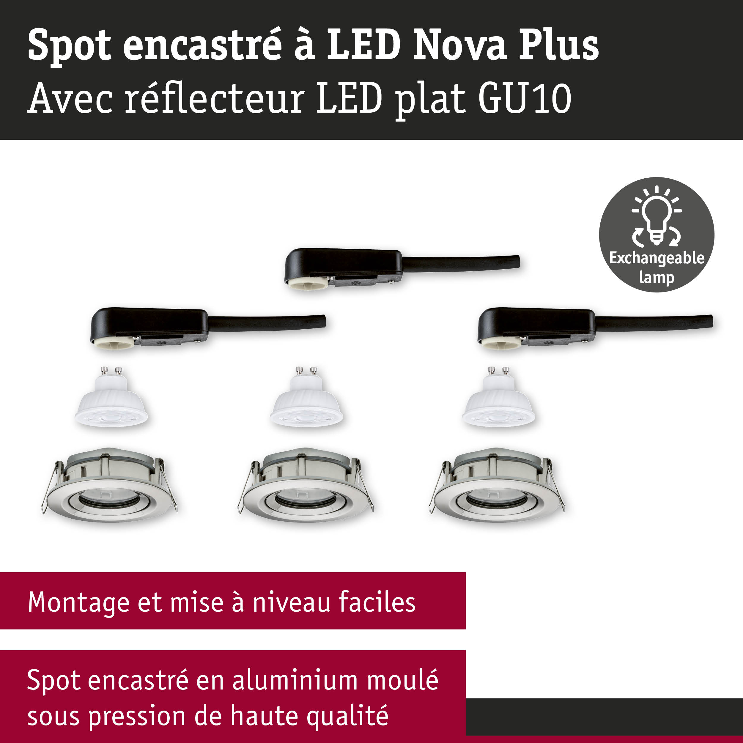 Spot encastré LED Nova Plus avec réflecteur LED plat GU10 et lampe interchangeable en aluminium