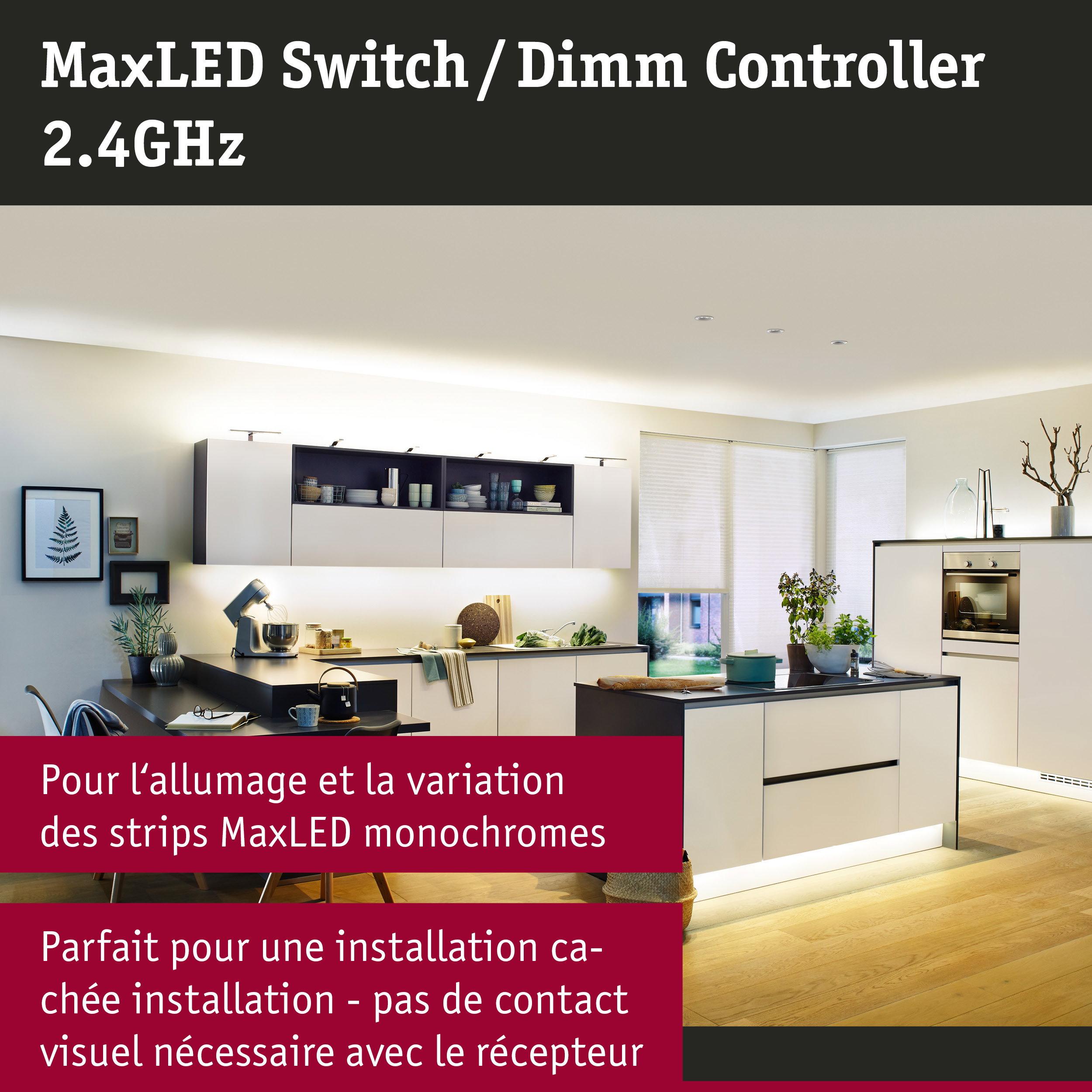 Cuisine blanche moderne avec éclairage LED et contrôleur MaxLED Switch Dimm pour gestion de la lumière