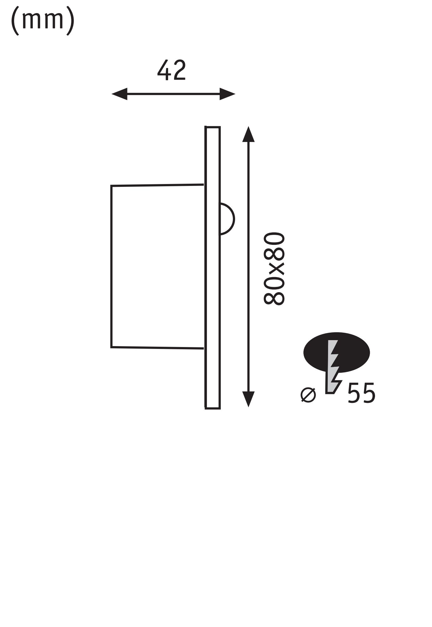 Technical drawing showing 42 mm depth, 80x80 mm size, and 55 mm diameter for electrical fitting