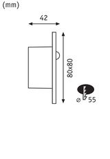 Technical drawing showing 42 mm depth, 80x80 mm size, and 55 mm diameter for electrical fitting