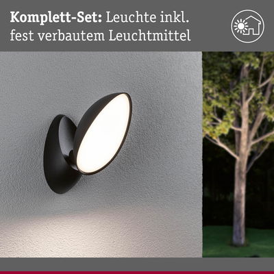 Schwarze Wandlampe mit integriertem Leuchtmittel an grauer Wand, moderne Außenbeleuchtung