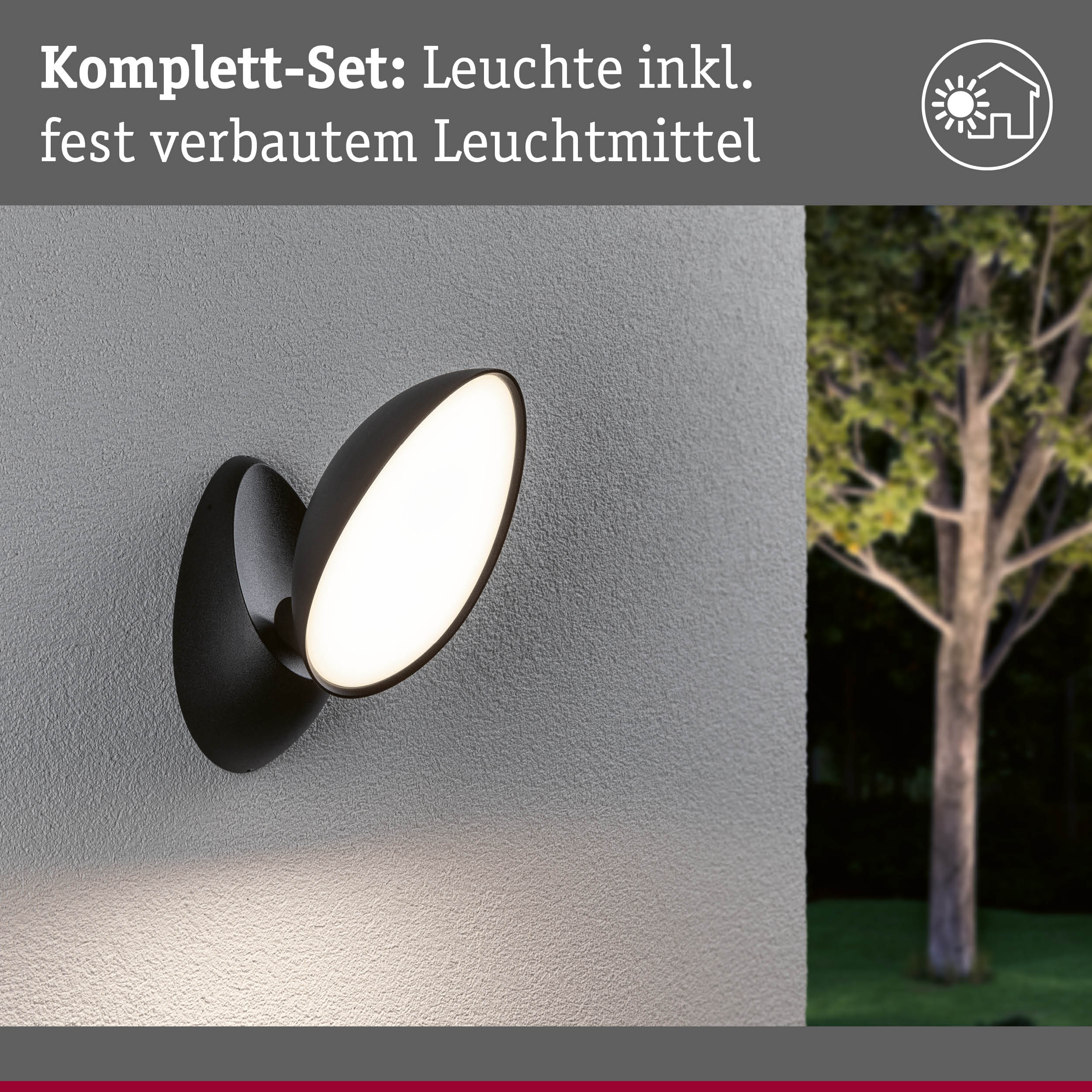 Moderne schwarze Außenwandleuchte mit integriertem Leuchtmittel an grauer Wand für Gartenbeleuchtung