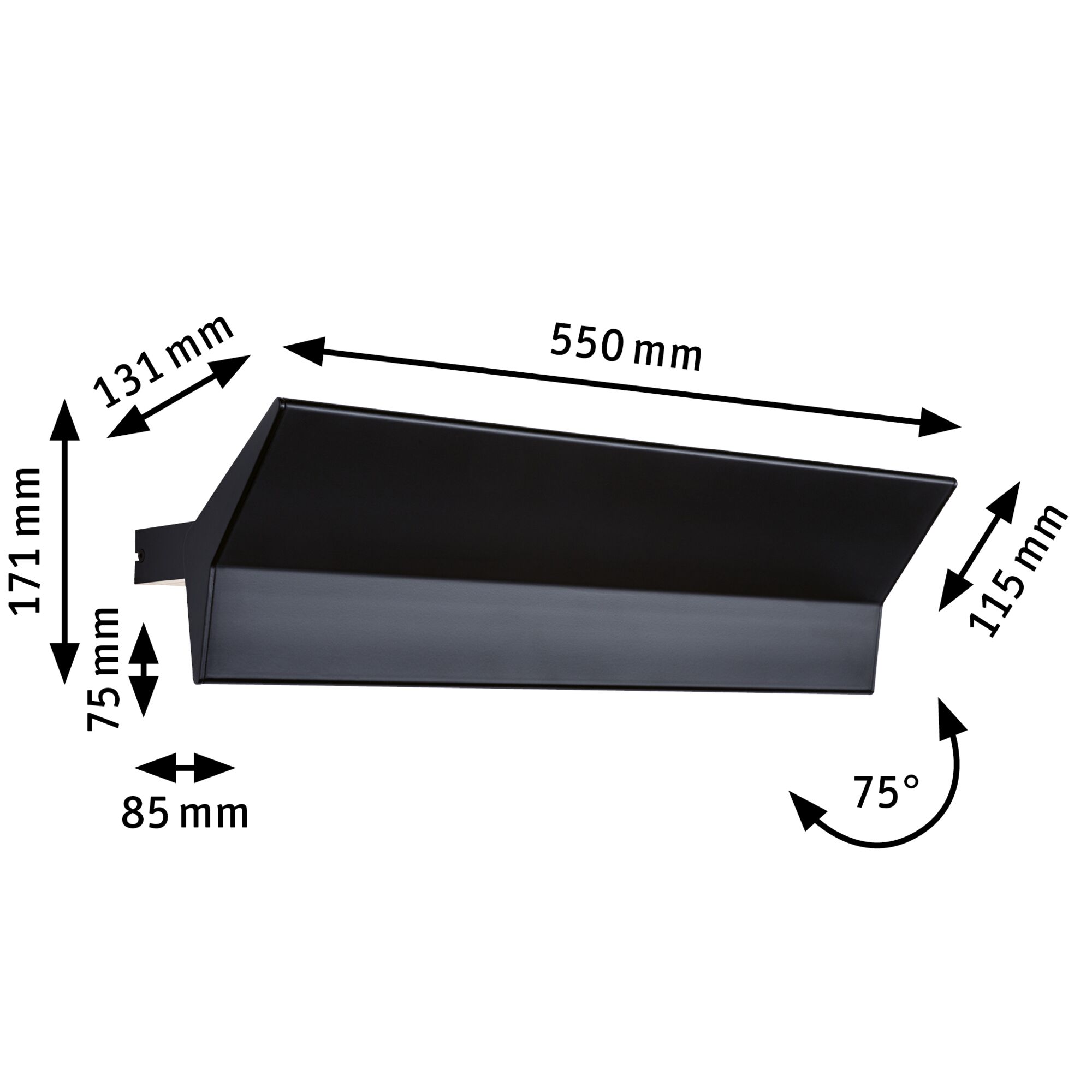 Applique murale en métal noir avec couverture, dimensions 550x171x85 mm, angle de 75 degrés, lampe murale LED