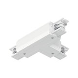 White T-shaped plastic connector for track lighting systems with screw fasteners