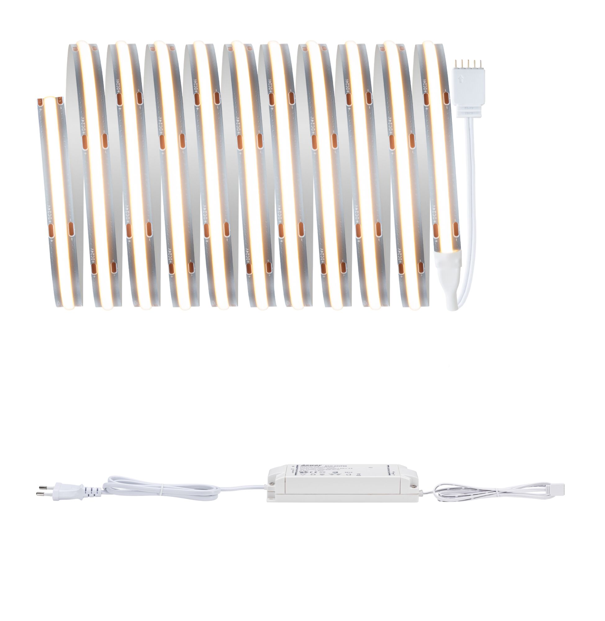 MaxLED 1000 LED Strip Basisset COB 3m Warmweiß 3m 36W 1080lm/m 528 LEDs/m 2700K 50VA Flexibler LED-Streifen mit Netzteil in Weiß für moderne Innenbeleuchtung und Lichtakzente