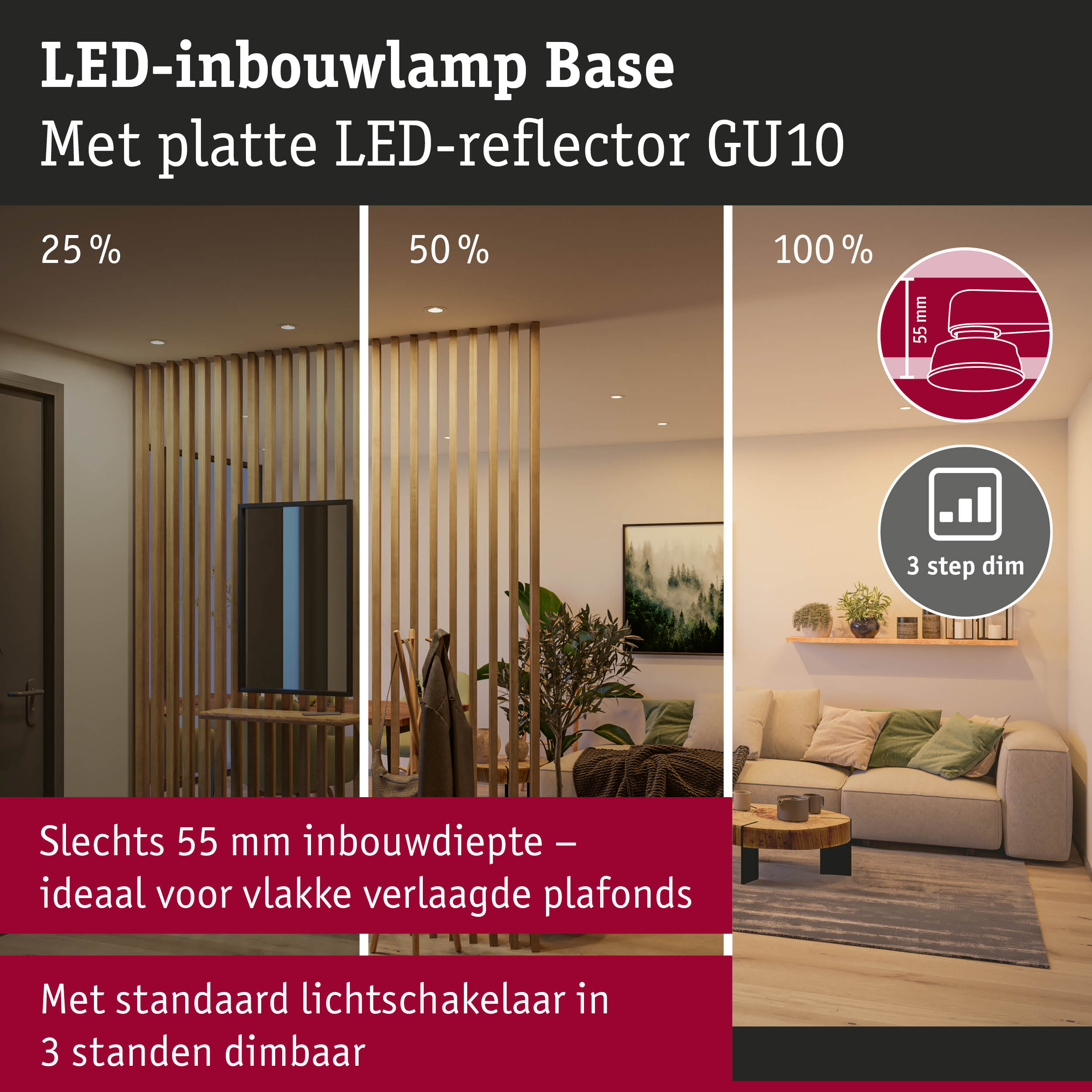 LED-inbouwlamp Base met platte LED-reflector GU10, 55 mm inbouwdiepte, 3-standen dimbaar