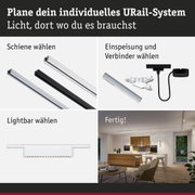 Modulares URail-Schienensystem in Schwarz und Weiß mit Lichtleisten und Steckverbindern für individuelle Beleuchtung