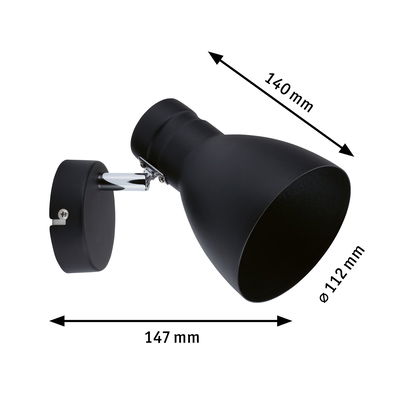 Zwarte metalen wandlamp met verstelbare kap, afmetingen 147x140x112 mm voor binnenverlichting