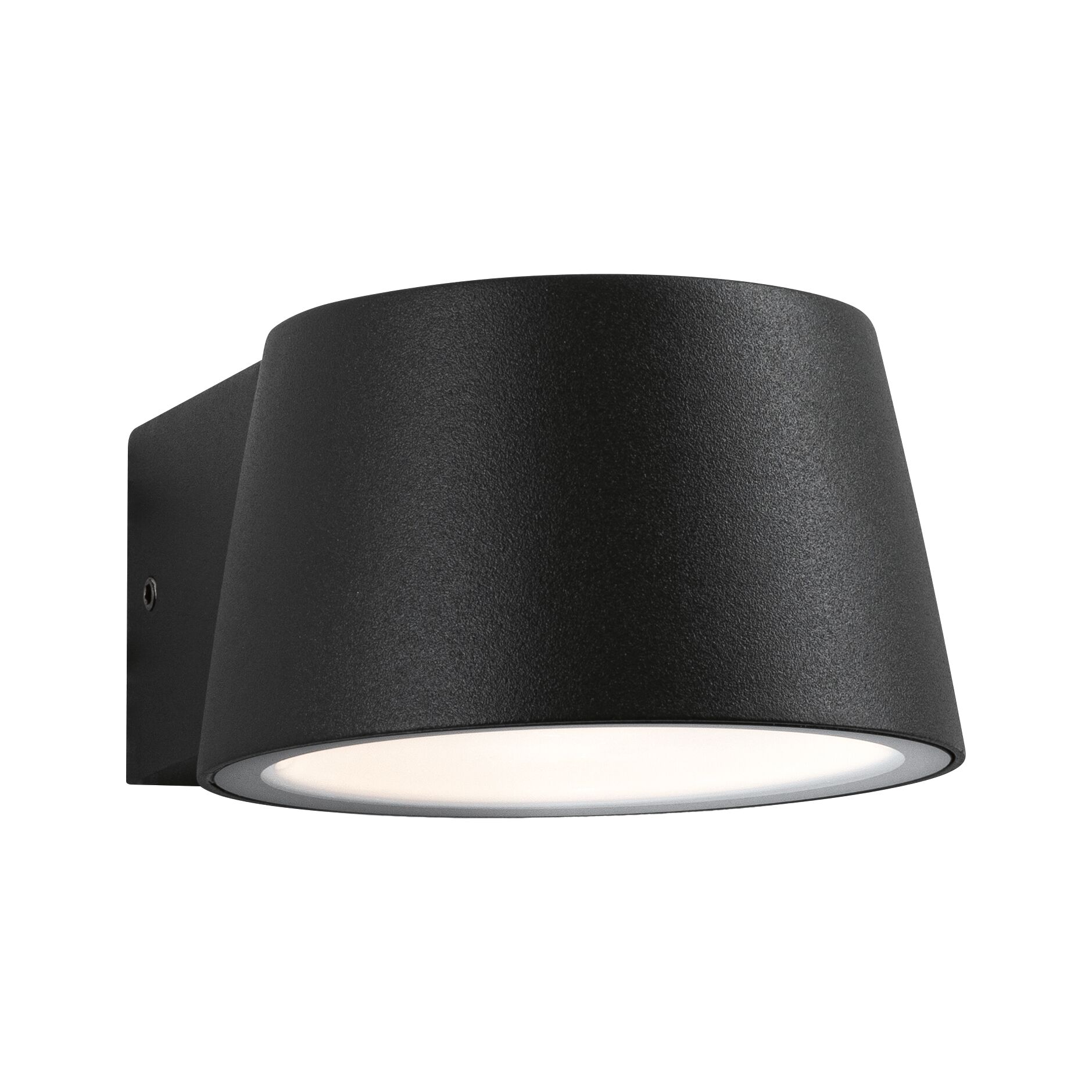 Schwarze Wandlampe aus Metall mit rundem Design und warmweißem LED-Licht für moderne Innenbeleuchtung