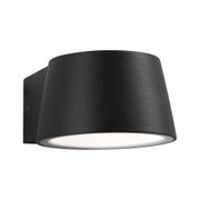 Schwarze Wandlampe aus Metall mit rundem Design und warmweißem LED-Licht für moderne Innenbeleuchtung