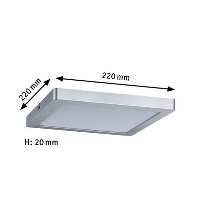 Square LED ceiling light in silver aluminum, 220x220 mm, slim design with white diffuser