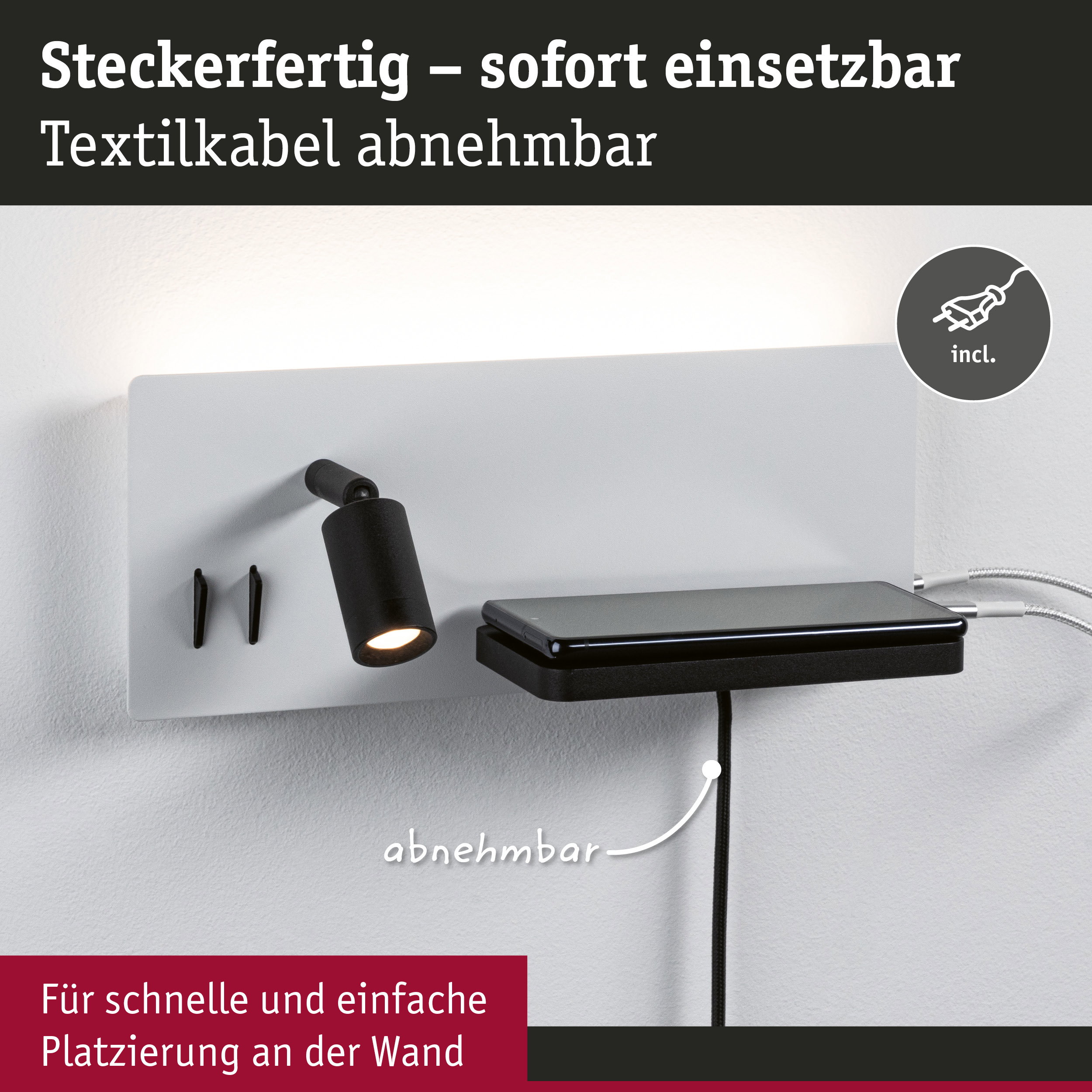 Weiße Wandhalterung mit schwarzem Spot und abnehmbarem Textilkabel für einfache Montage