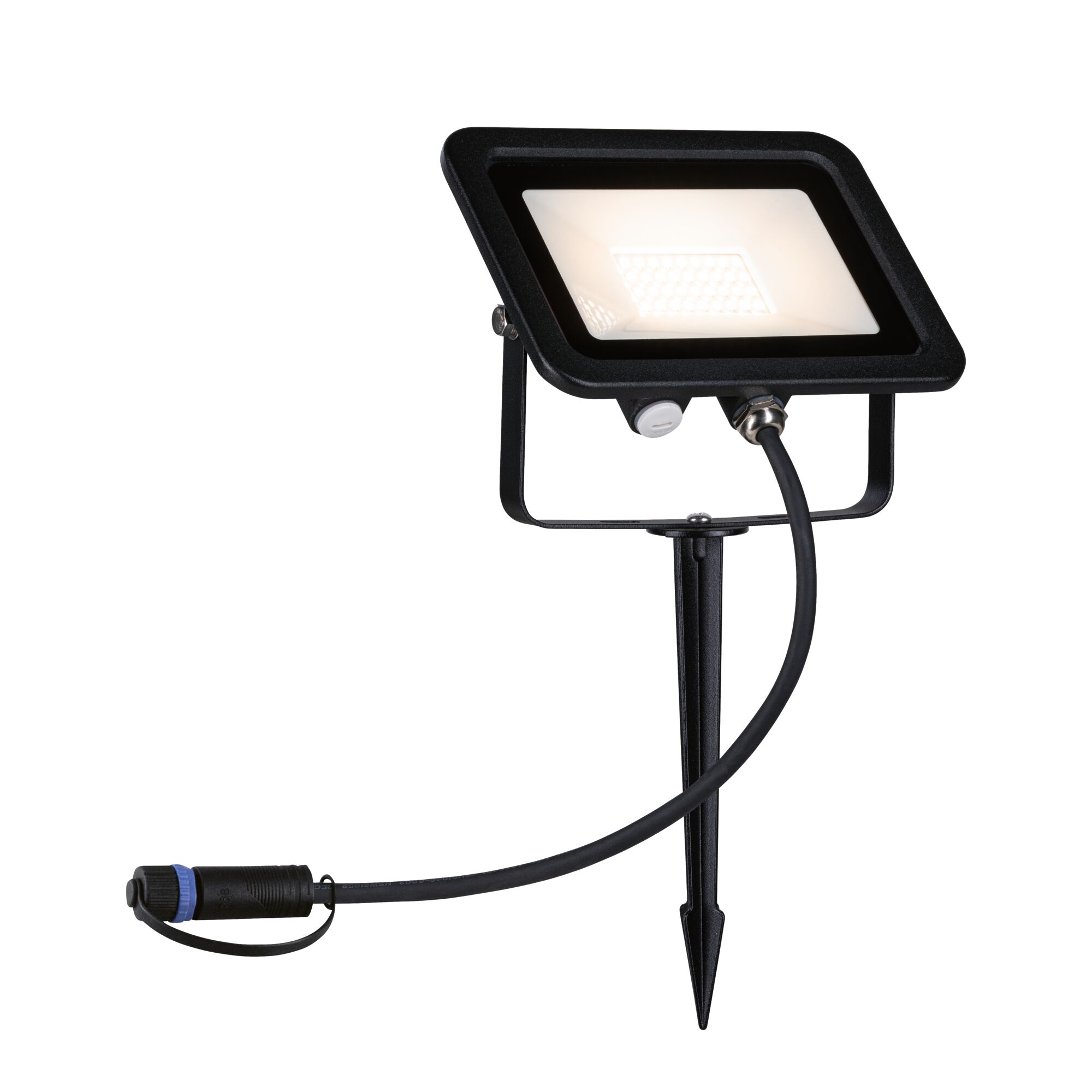 Black LED outdoor floodlight with ground spike and cable for garden and exterior lighting