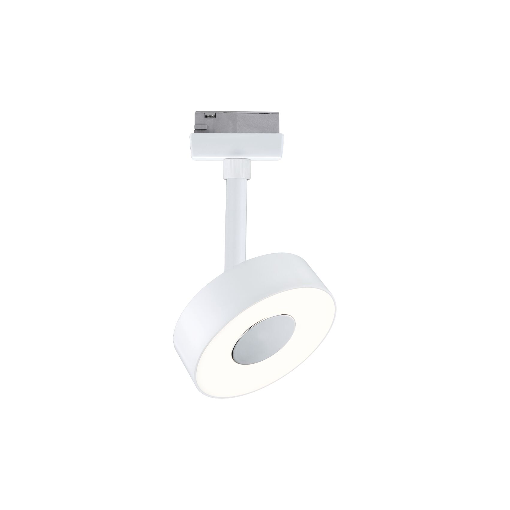Moderner weißer LED-Spot aus Metall mit rundem Leuchtkopf für Schienensysteme
