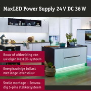 Moderne witte keuken met groene LED-onderbouwverlichting en keukengerei op het aanrecht