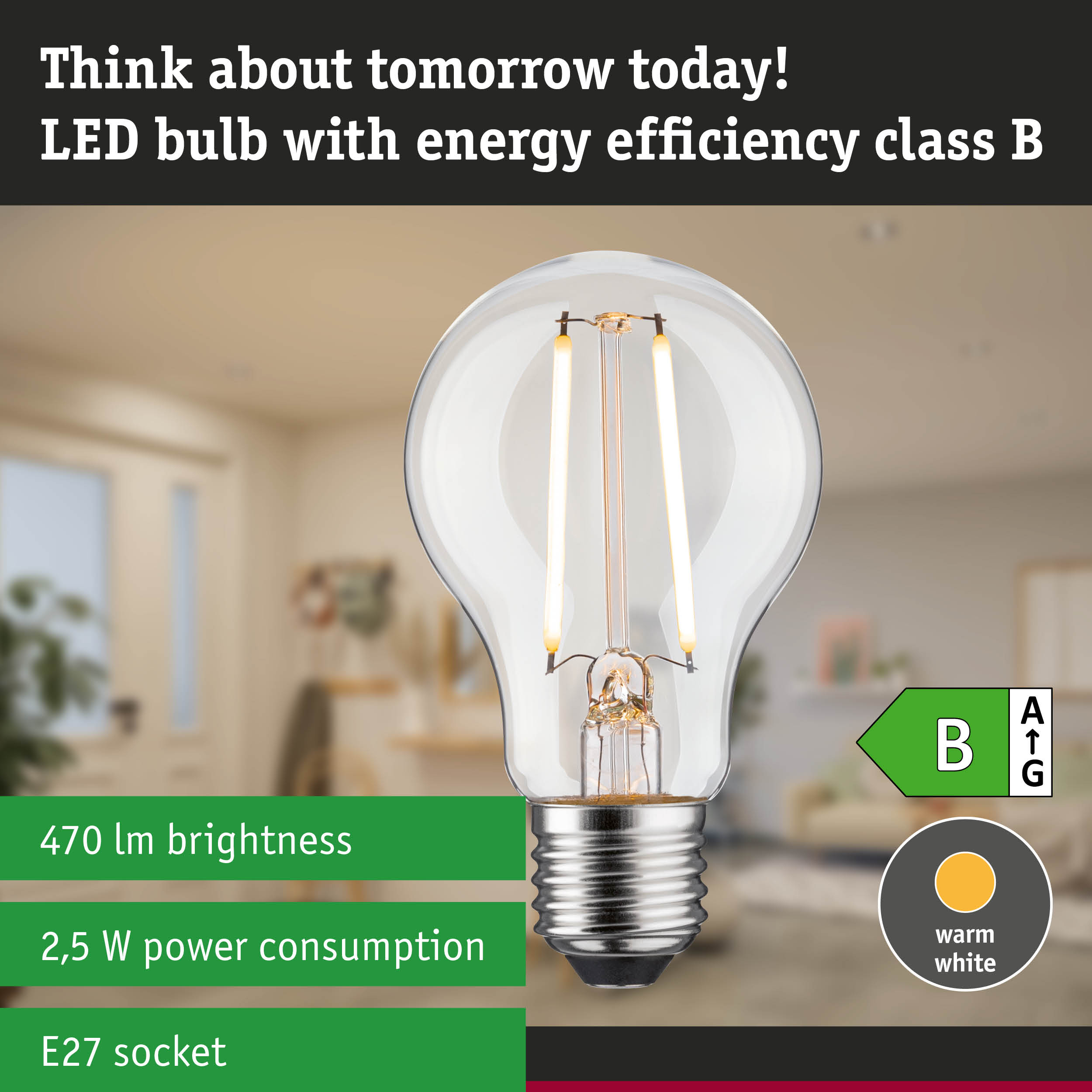 Clear LED bulb with warm white light and 3-step dimming for energy-efficient lighting solutions
