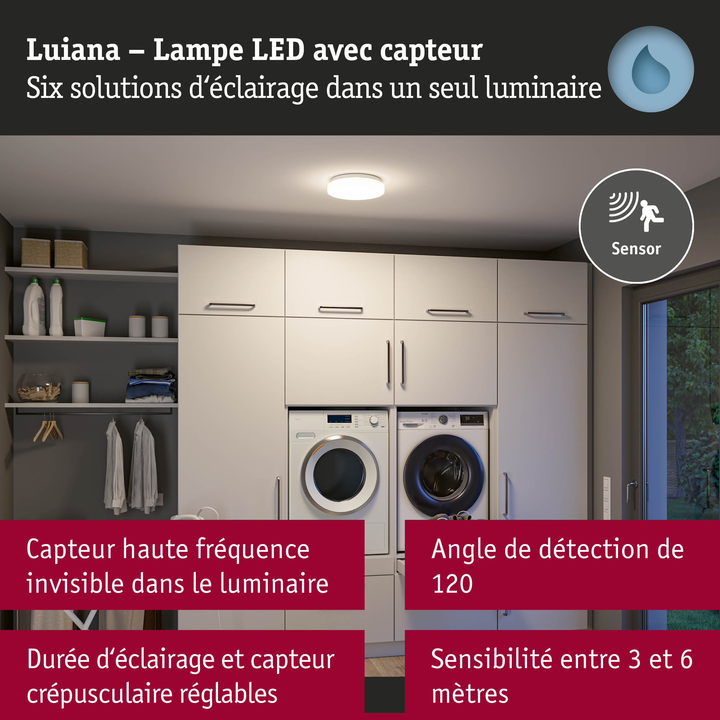 Plafonnier LED blanc Luiana avec capteur intégré pour éclairage économique à la maison