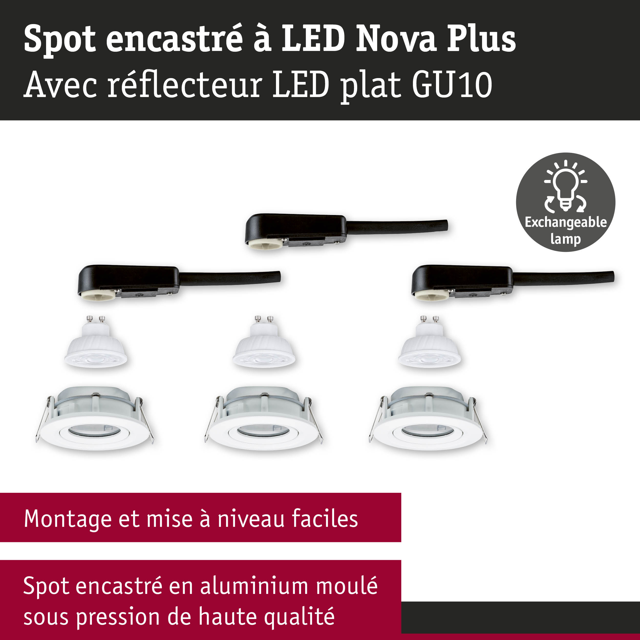 Spot encastré LED Nova Plus avec réflecteur LED plat GU10 et lampe interchangeable en blanc et aluminium