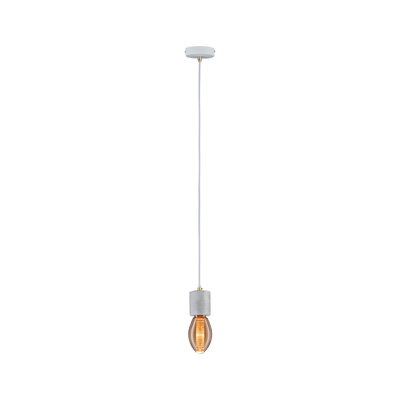 Pendant lamp with grey concrete socket and warm LED bulb for modern living spaces.