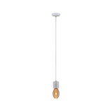 Pendant lamp with grey concrete socket and warm LED bulb for modern living spaces.