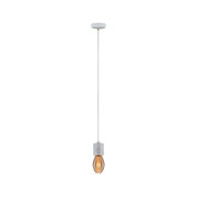 Pendant lamp with grey concrete socket and warm LED bulb for modern living spaces.