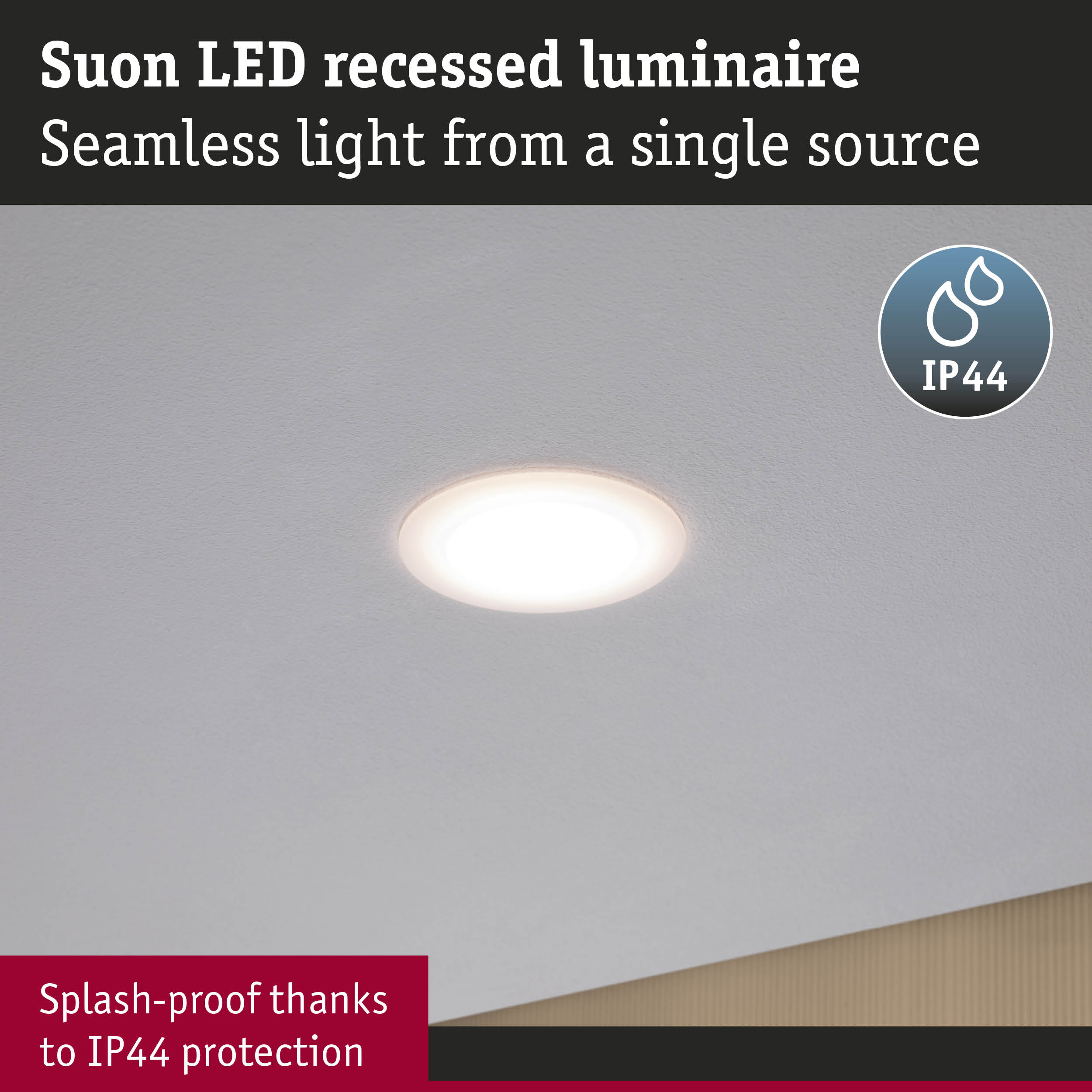 Suon white LED recessed ceiling light with IP44 splash-proof protection, energy-efficient downlight