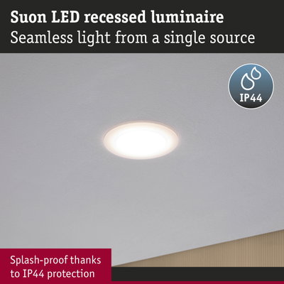 Suon white LED recessed ceiling light with IP44 splash-proof protection, energy-efficient downlight