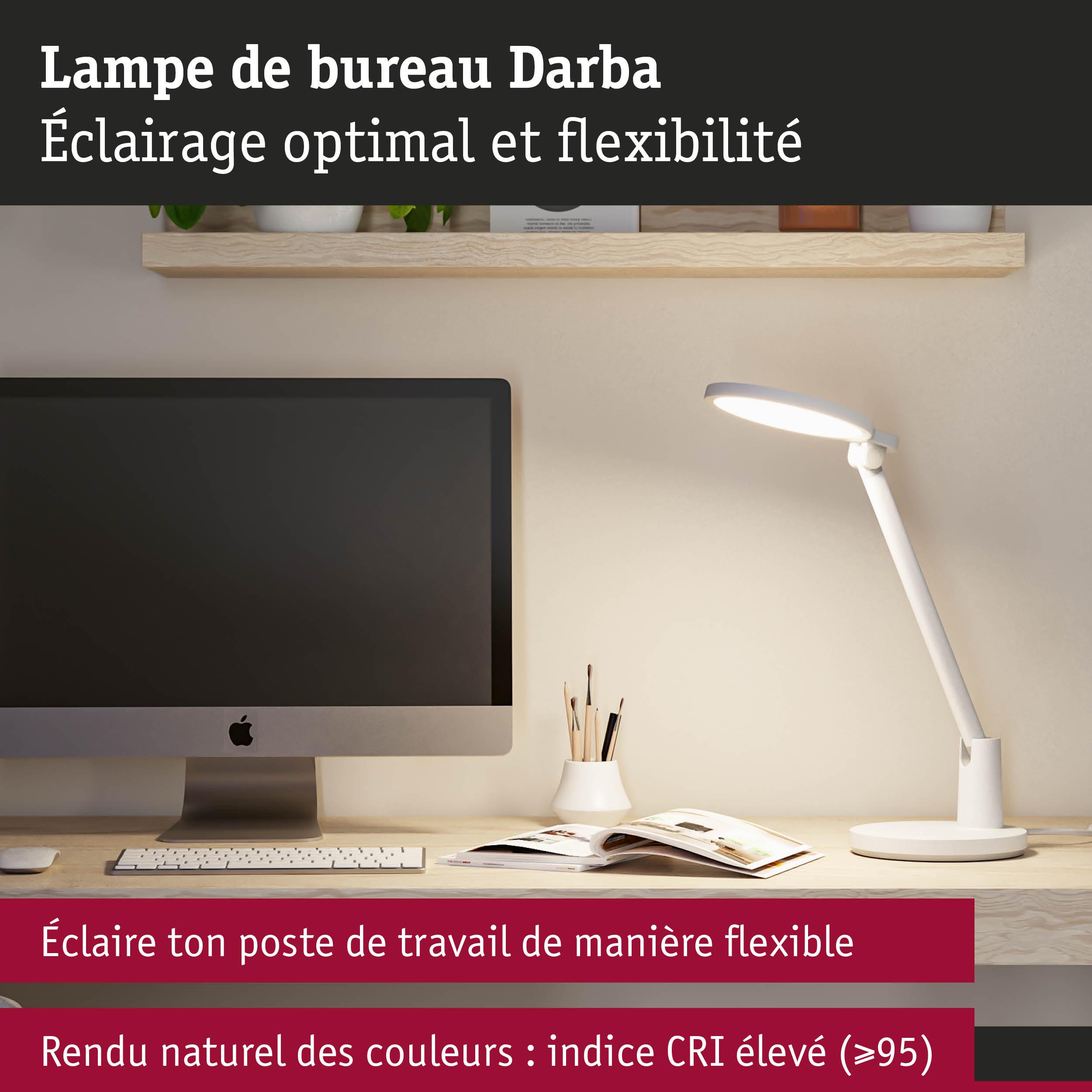 Lampe de bureau Darba blanche avec bras flexible et rendu naturel des couleurs pour un éclairage optimal