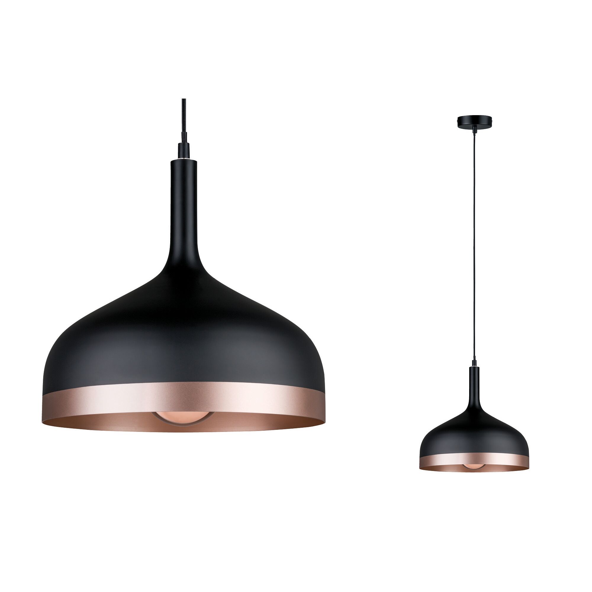 Hanglamp Embla E27 max. 20W Zwart/Koper mat dimbaar Metaal Zwarte metalen hanglamp met koperen rand, moderne designlamp voor woonruimtes
