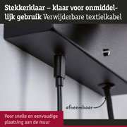 Zwarte stekkerdoos met afneembaar textielkabel voor snelle wandmontage en flexibel gebruik