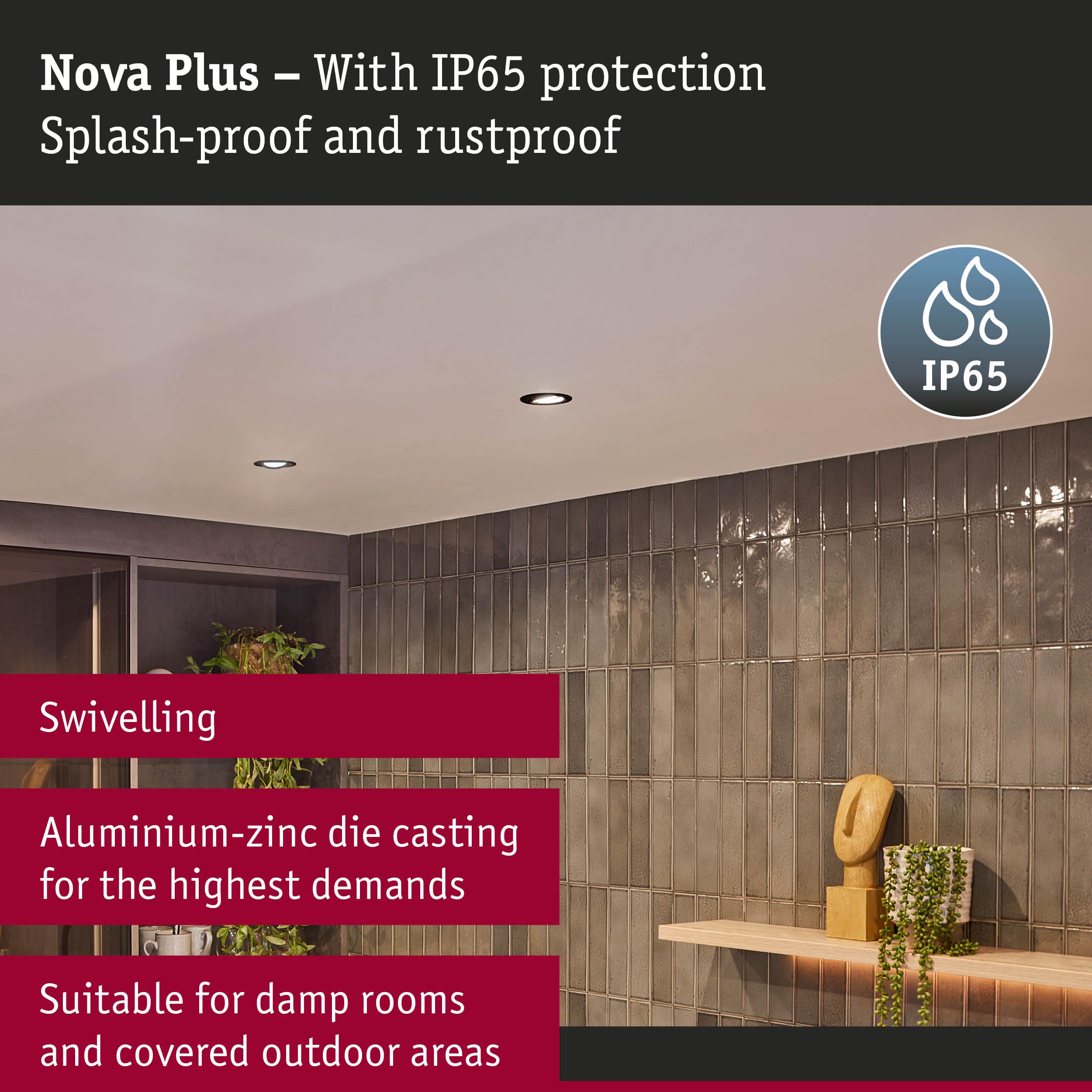 Nova Plus aluminium-zinc recessed spotlight with IP65 splash-proof and rustproof rating for damp rooms