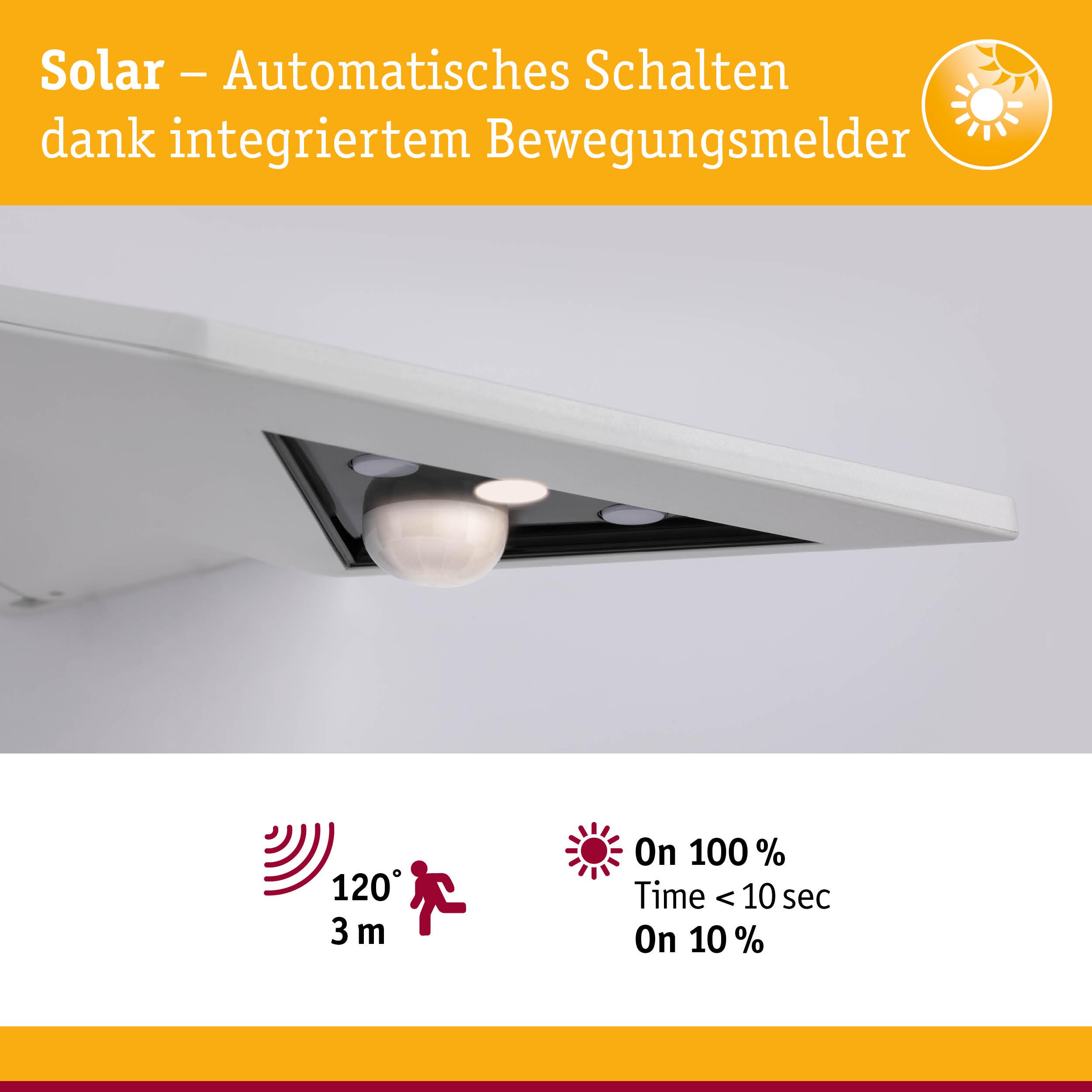Solarleuchte mit integriertem Bewegungsmelder für automatisches Schalten und 120° Erfassungswinkel