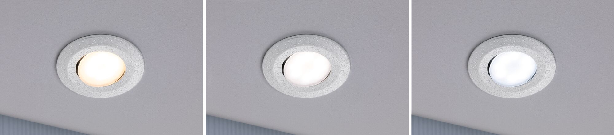 Three white LED recessed lights with moisture-resistant frame and adjustable color temperature on grey ceiling