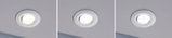 Three white LED recessed lights with moisture-resistant frame and adjustable color temperature on grey ceiling