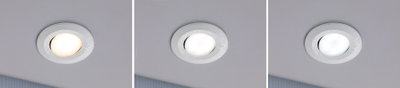 Three white LED recessed lights with moisture-resistant frame and adjustable color temperature on grey ceiling