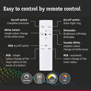 White remote control with buttons for dimmable light, white and RGB color change functions