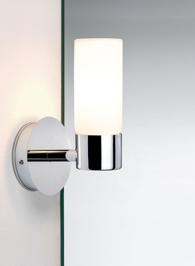Modern wall light with chrome metal and white glass for bathroom lighting