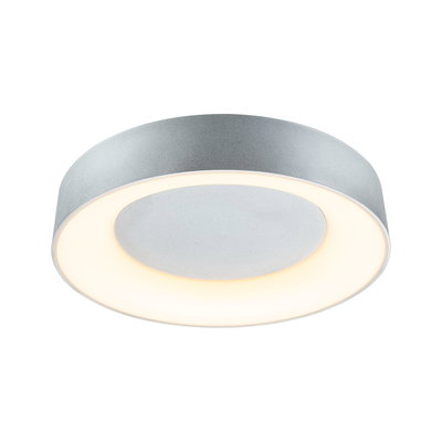 Plafonnier LED rond en métal argenté avec lumière blanche chaude pour intérieurs modernes