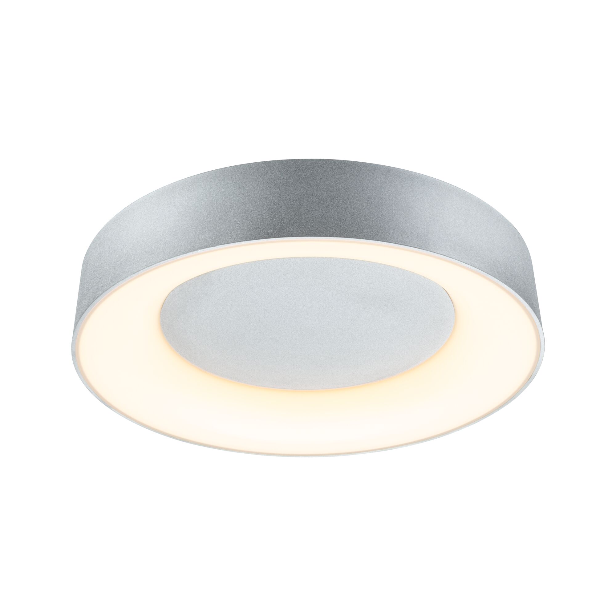 Round silver metal LED ceiling light with warm white illumination for modern interiors
