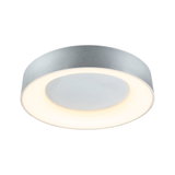 Round silver metal LED ceiling light with warm white illumination for modern interiors
