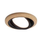 Rundes LED-Einbaustrahler mit Holzrahmen in Natur und schwarzem Innenring für moderne Wohnraumbeleuchtung