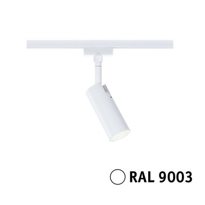 Moderner weißer LED-Strahler aus Metall für Schienensystem mit RAL 9003 Farbe und flexibler Ausrichtung