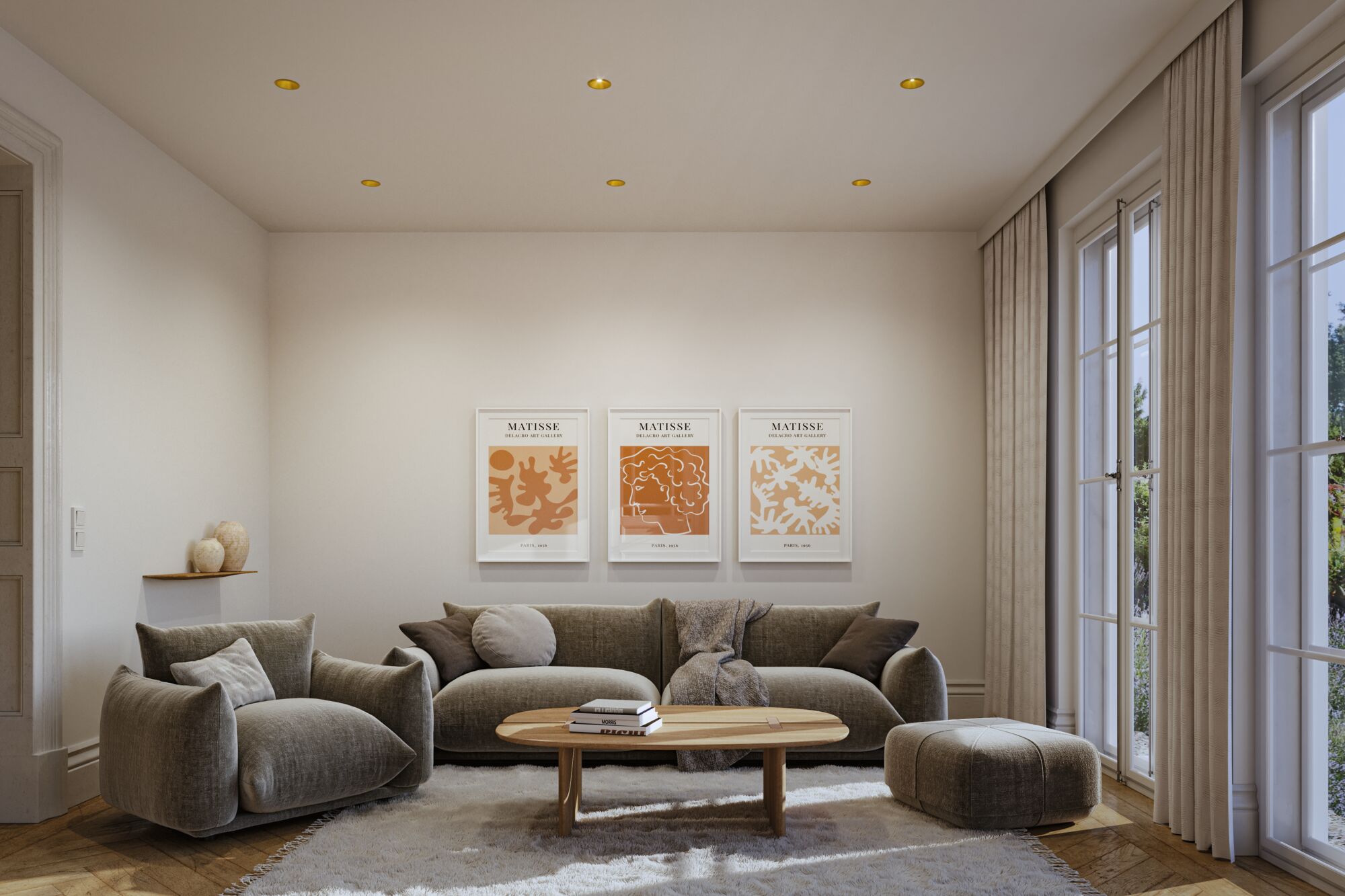 Modernes Wohnzimmer mit grauem Stoffsofa, Sessel, Holztisch und warmweißen LED-Einbaustrahlern an der Decke.