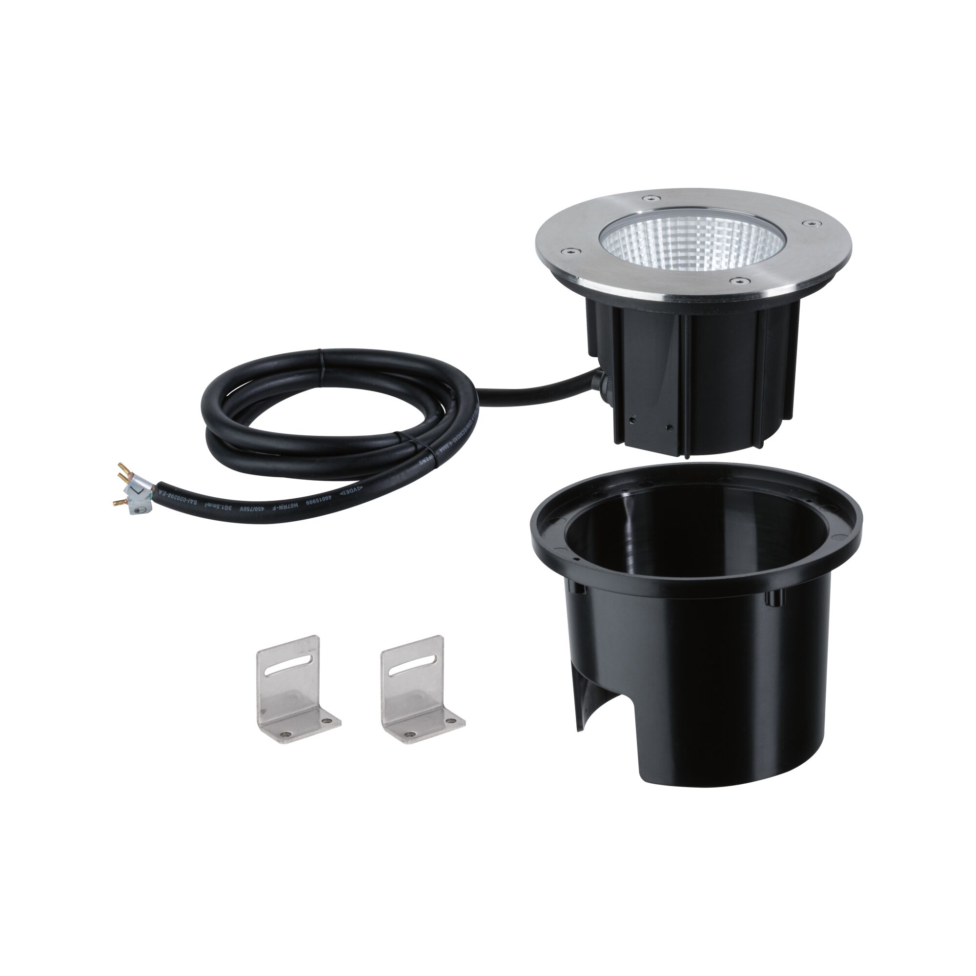 Ground spotlight with stainless steel rim, black plastic housing and cable for outdoor lighting.